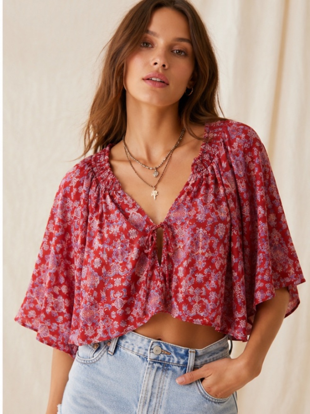 Free People Red Floral Tie-Front Cropped Peasant Top